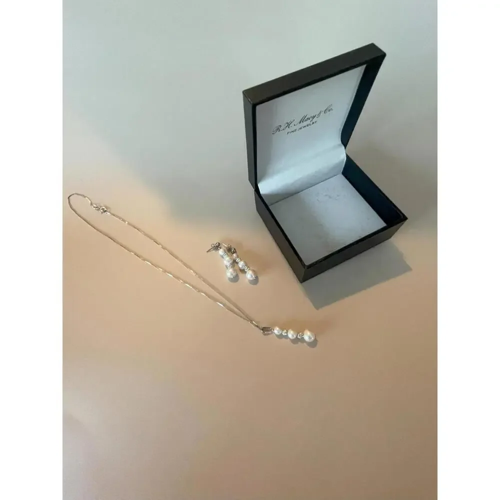 Macy’s Freshwater Pearl Sterling Silver 925 Necklace Set with Cubic Zirconia